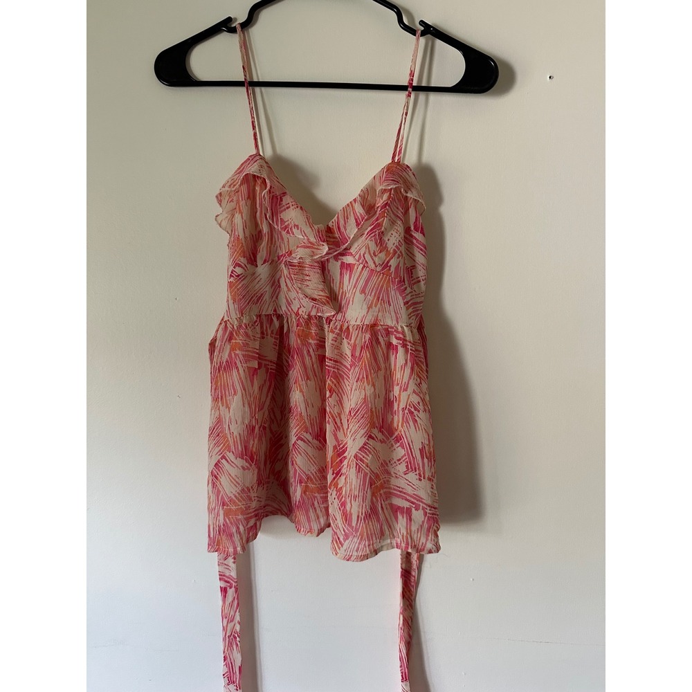 Y2K Kirra Abstract Print Ruffle Babydoll Camisole Top Small Back Tie Chiffon